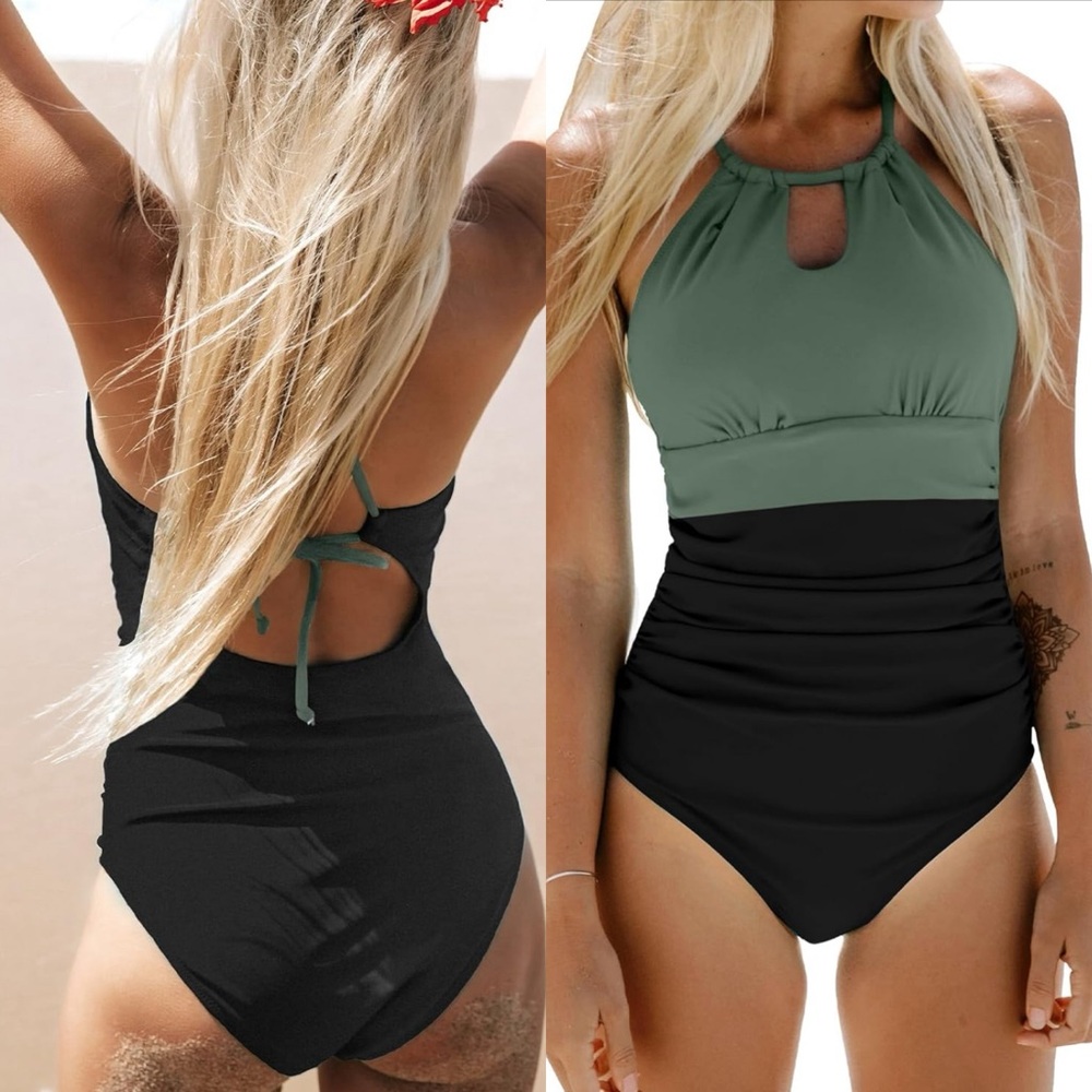 Elegant Green and Black Women Swim One Piece
